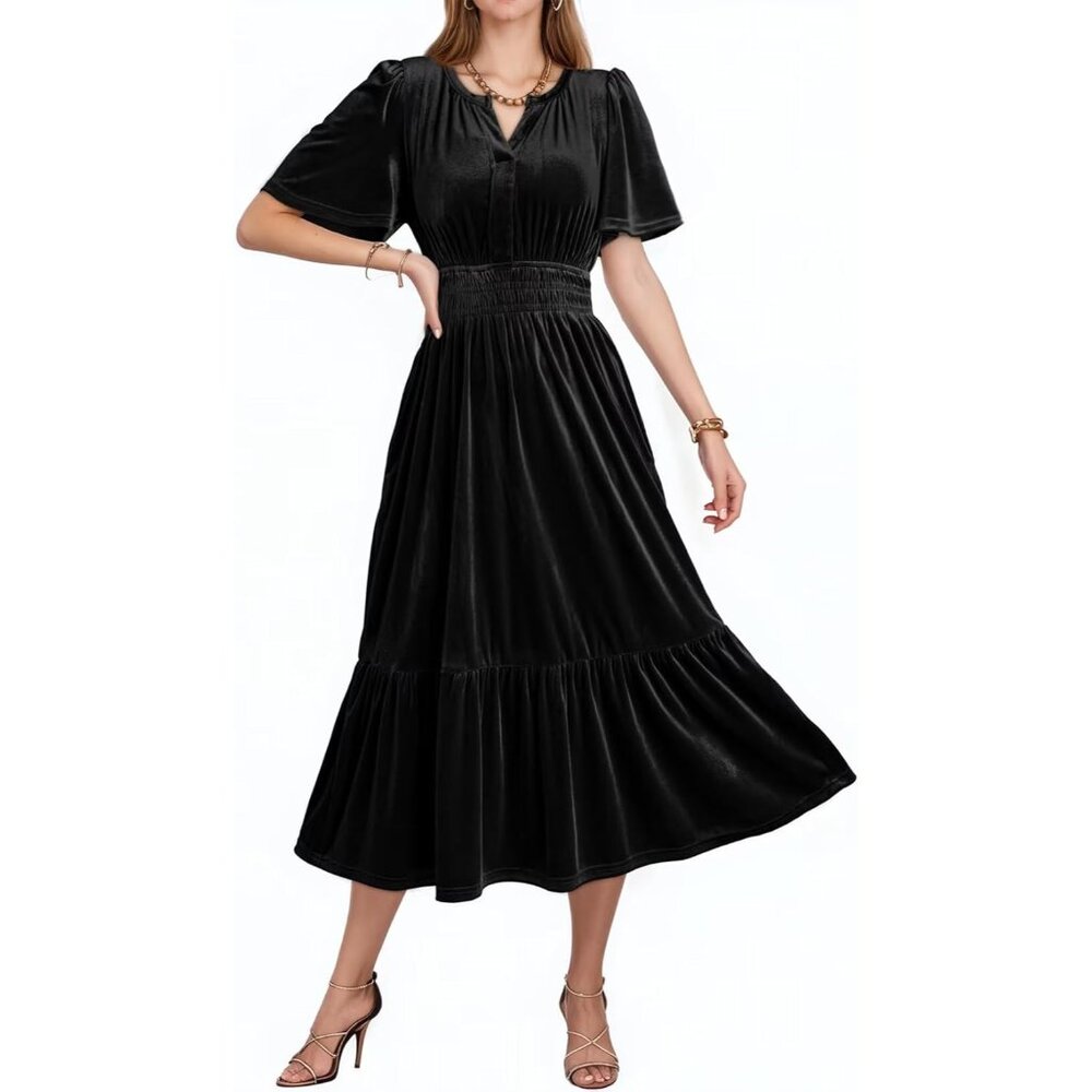 Women's Velvet V Neck Short Flared Sleeve Tiered Dress Pockets Midi